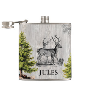 Woodland Deer Vintage Rustic Personalized Flask