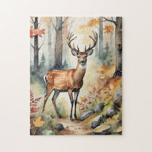 Woodland Deer Watercolor Fox Fall Autumn Jigsaw Puzzle