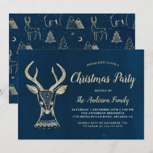 Woodland Deer Watercolor Navy Gold Christmas Party Invitation