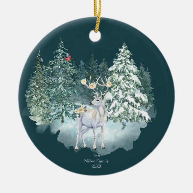 Woodland Deer Winter Forest  Ceramic Ornament (Front)