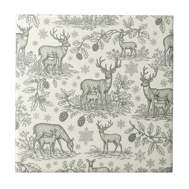 Woodland Deer Winter Toile Pattern Ceramic Tile (Front)
