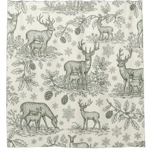 Woodland Deer Winter Toile Pattern Shower Curtain