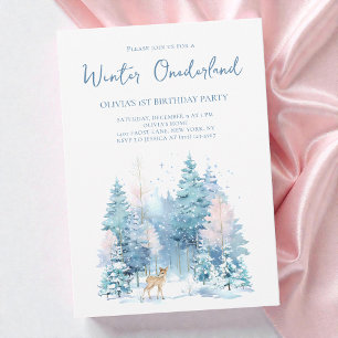 Woodland Deer Winter Wonderland 1st Birthday Party Invitation