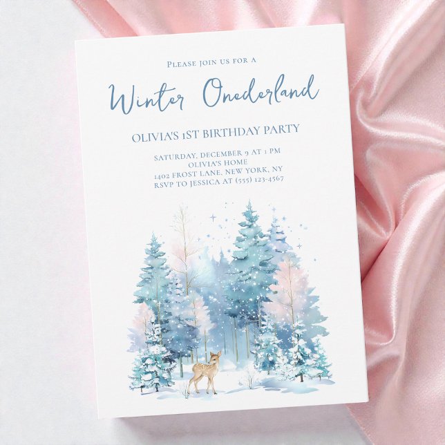Woodland Deer Winter Wonderland 1st Birthday Party Invitation (Woodland Deer Winter Wonderland 1st Birthday Party Invitation)