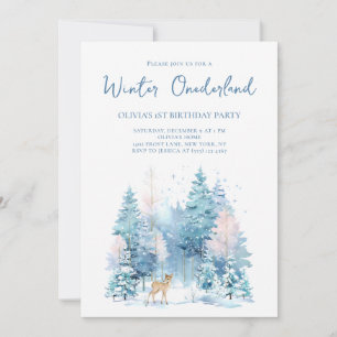 Woodland Deer Winter Wonderland 1st Birthday Party Invitation