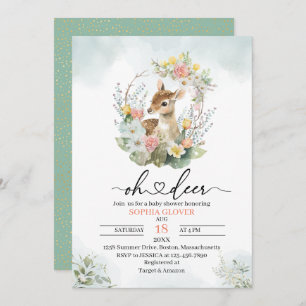 Woodland deerflowers greenery watercolor baby show invitation