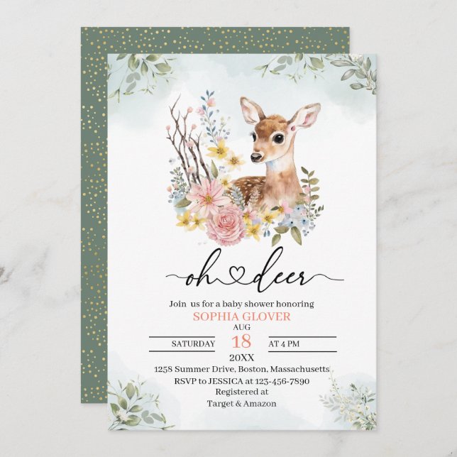 Woodland deerflowers greenery watercolor baby show invitation (Front/Back)