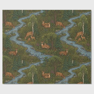 Woodland Deers Forest Stream Seamless Pattern Wrapping Paper