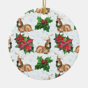 Woodland Deers In Watercolor Christmas Ceramic Ornament