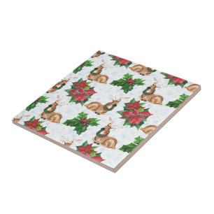 Woodland Deers In Watercolor Christmas Ceramic Tile