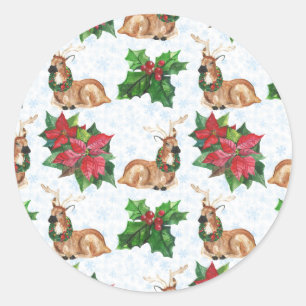 Woodland Deers In Watercolor Christmas Classic Round Sticker