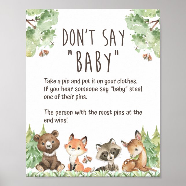 Woodland Don't Say Baby Shower Pin Game Sign (Front)