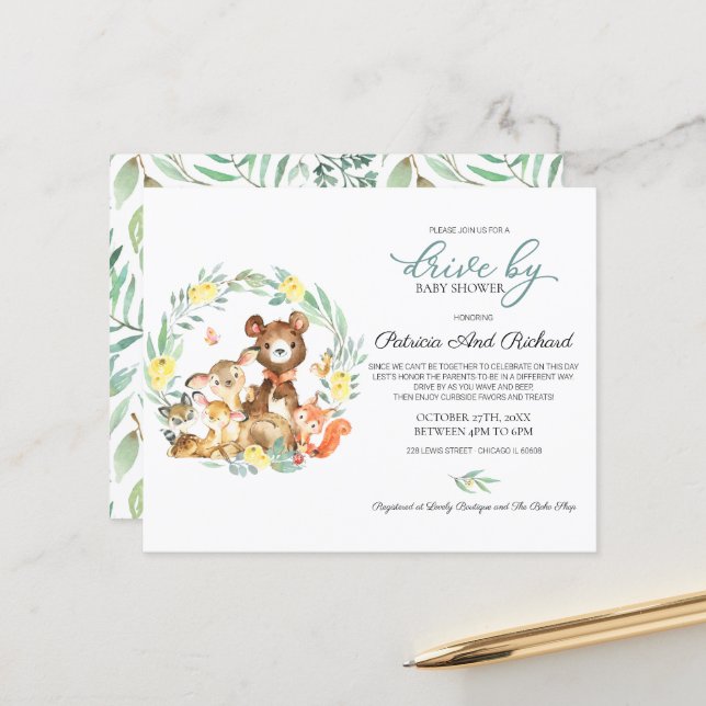 Woodland Drive By Baby Shower Budget Invitation (Front/Back In Situ)