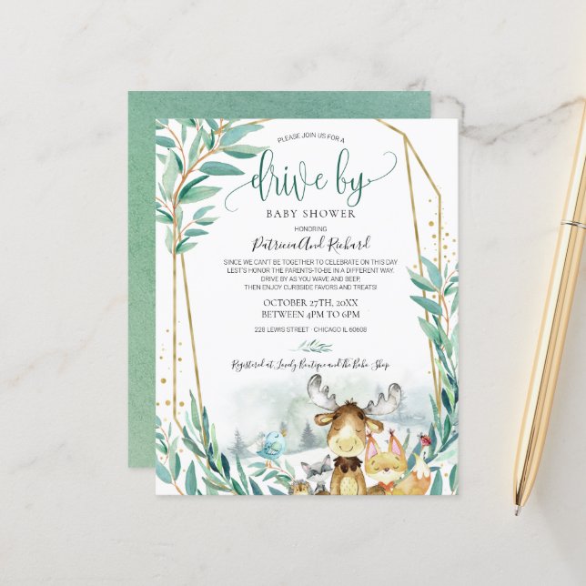 Woodland Drive By Baby Shower Budget Invitation (Front/Back In Situ)
