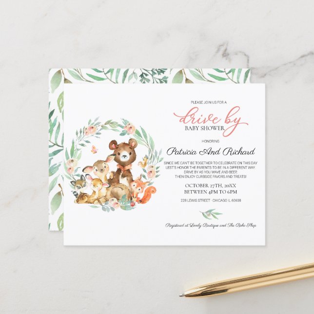 Woodland Drive By Baby Shower Budget Invitation (Front/Back In Situ)