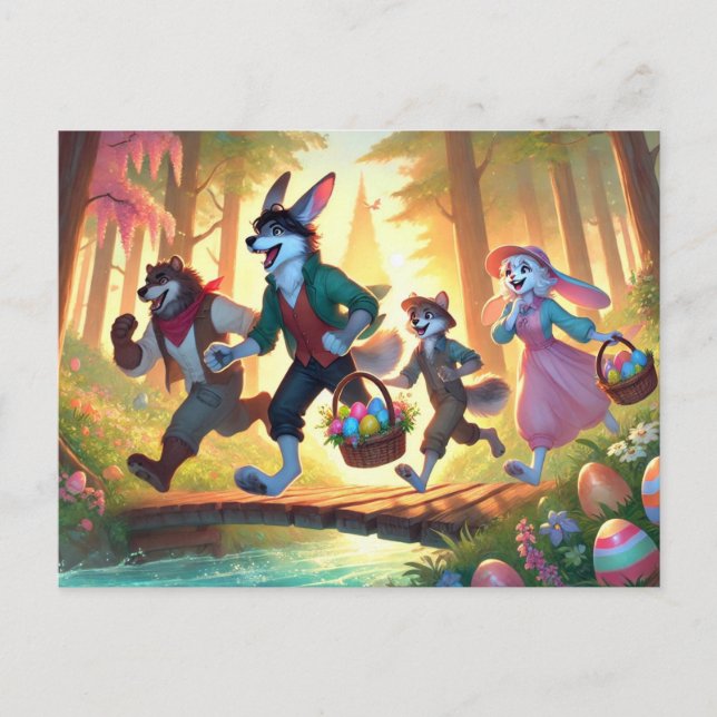 Woodland Easter Adventure – Joyful Egg Hunt Holiday Postcard (Front)