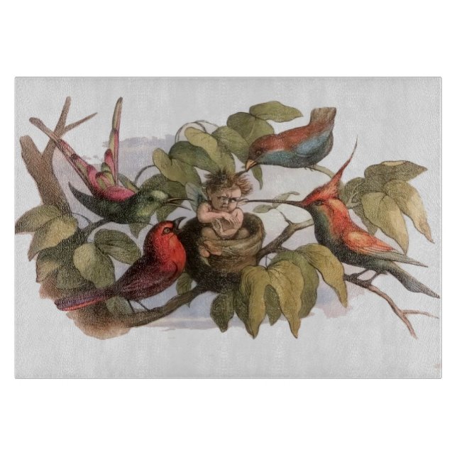 Woodland Elf in Nest: Antique Bird Sprite Fairy Cutting Board (Front)