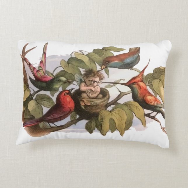 Woodland Elf in Nest: Antique Bird Sprite Fairy Decorative Cushion (Back)