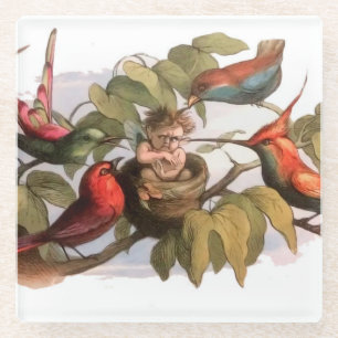 Woodland Elf in Nest: Antique Bird Sprite Fairy Glass Coaster
