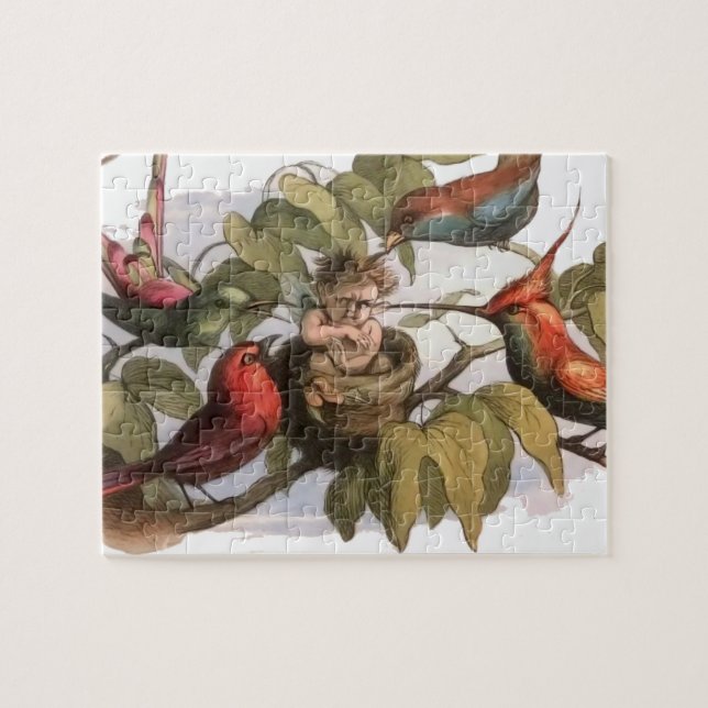 Woodland Elf in Nest: Antique Bird Sprite Fairy Jigsaw Puzzle (Horizontal)