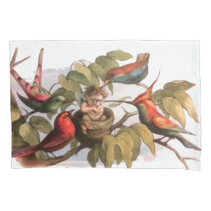 Woodland Elf in Nest: Antique Bird Sprite Fairy Pillowcase