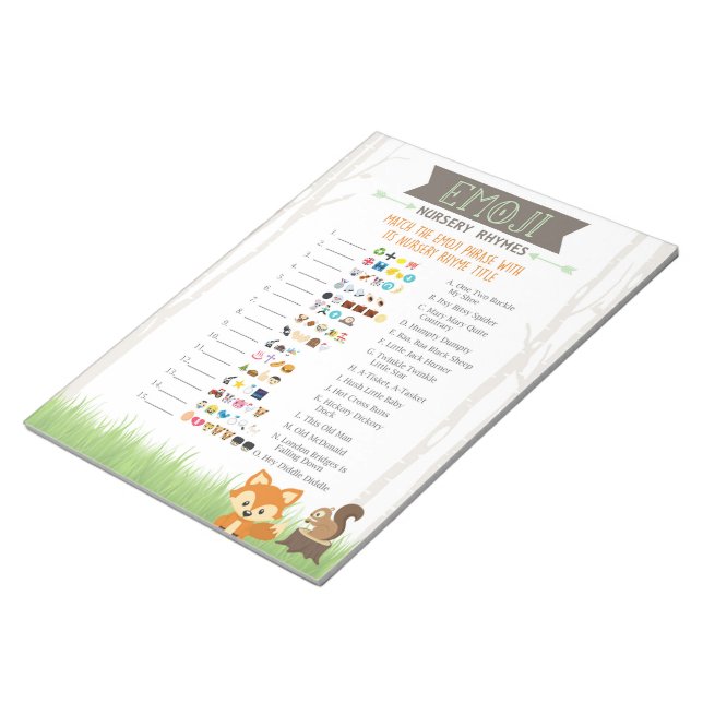 Woodland Emoji Nursery Rhyme Game Baby Shower Notepad (Angled)