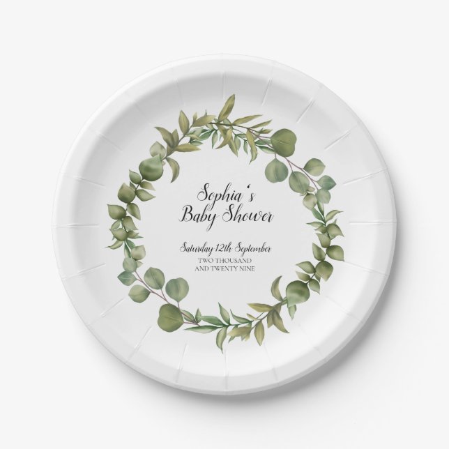 Woodland Eucalyptus Greenery Baby Shower Paper Plate (Front)