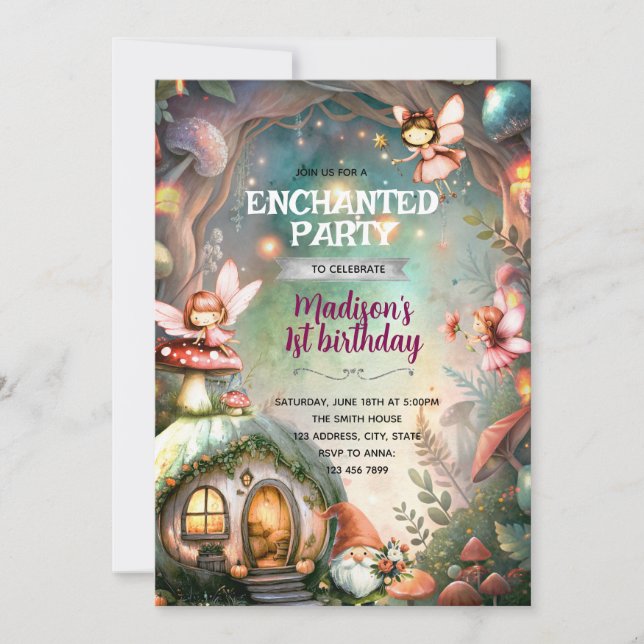 Woodland Fairy and Gnome Birthday Invitation (Front)
