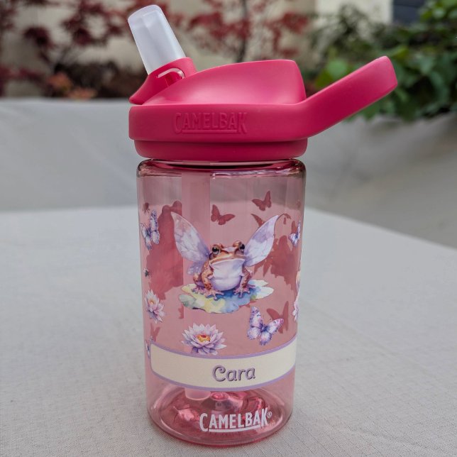 Woodland Fairy Frog & Water Lily Kids Name Water Bottle (fairy frog book lover reading frog and yellow buttercup flower frog design name)