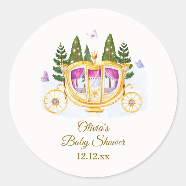 Woodland Fairytale Princess Carriage Baby Shower Classic Round Sticker (Front)
