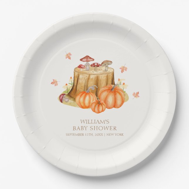 Woodland Fall Pumpkin Mushroom Baby Shower  Paper Plate (Front)
