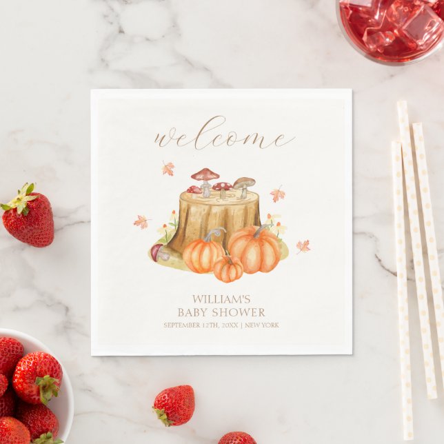 Woodland Fall Pumpkin Mushroom Baby Shower Welcome Napkin (Insitu)