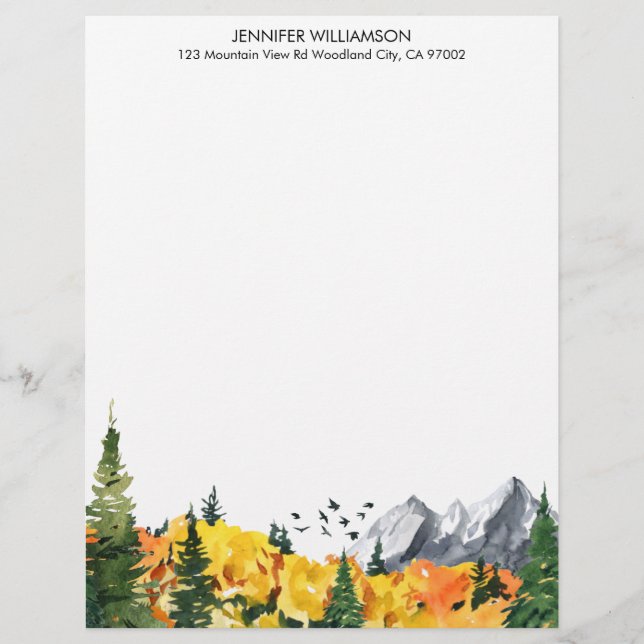 Woodland Fall Trees Watercolor Nature Forest Custom Letterhead (Front)