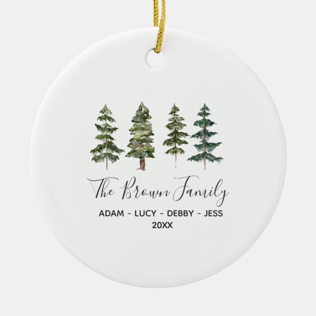 Woodland Family Christmas House Pine tree Ceramic Ornament (Front)