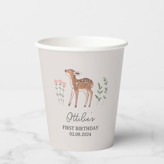 Woodland Fawn Flowers Birthday Paper Cups (Front)