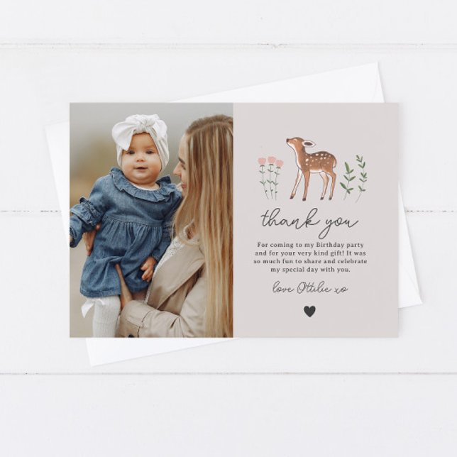 Woodland Fawn Flowers Photo Thank You Card (Creator Uploaded)