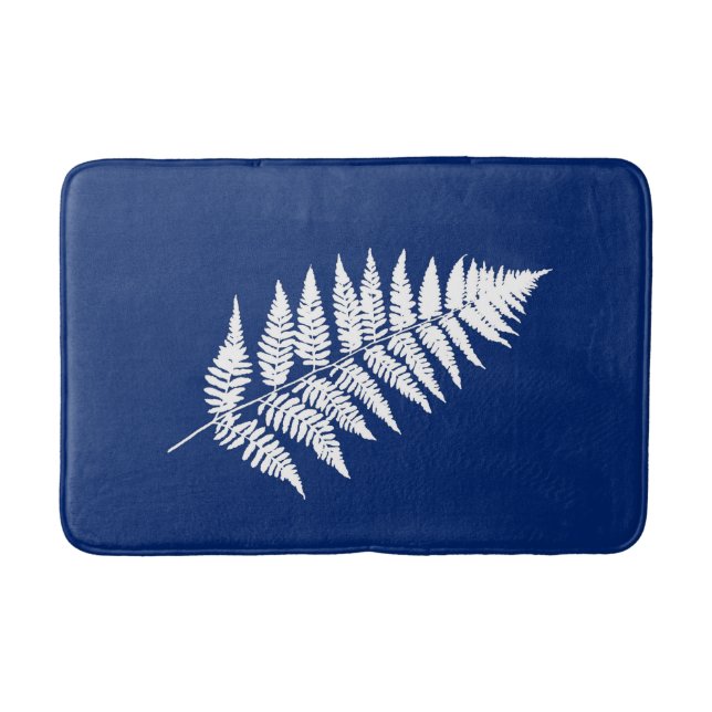 Woodland Fern 1, Cobalt Blue and White Bath Mat (Front)