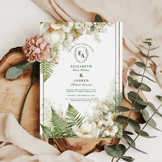 Woodland Fern and White Floral Wedding Invitation (Creator Uploaded)