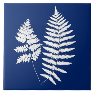 Woodland Fern, Cobalt Blue and White   Ceramic Tile