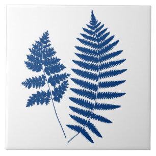 Woodland Fern, Cobalt Blue on White Ceramic Tile