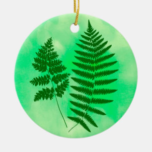 Woodland Fern Green on a Watercolor Background  Ceramic Ornament