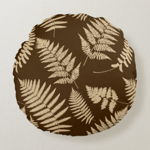 Woodland Fern Pattern, Brown and Beige Round Cushion