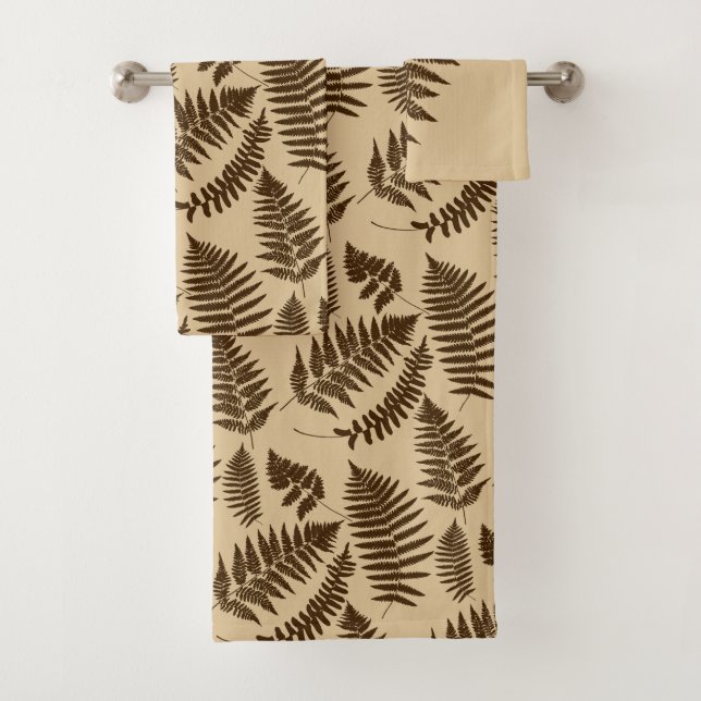 Woodland Fern Pattern, Chocolate Brown and Beige  Bath Towel Set (Insitu)