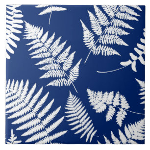 Woodland Fern Pattern, Cobalt Blue and White   Ceramic Tile