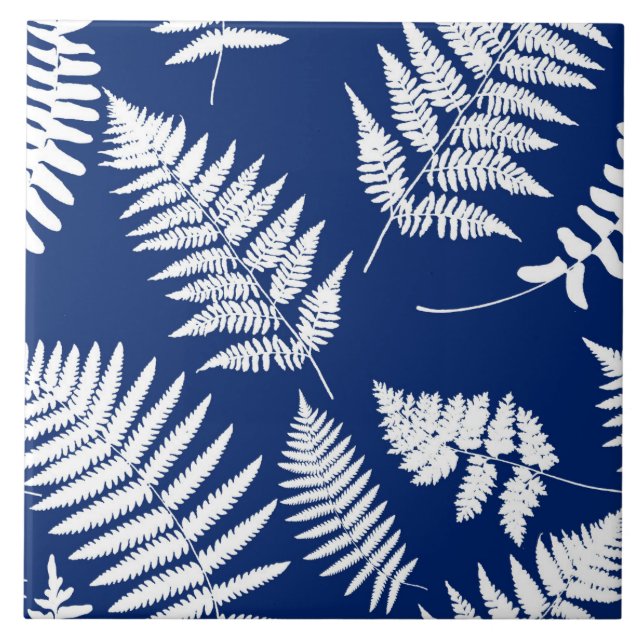 Woodland Fern Pattern, Cobalt Blue and White   Ceramic Tile (Front)