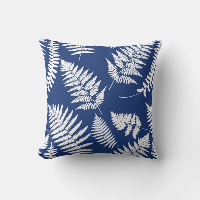 Woodland Fern Pattern, Cobalt Blue and White Cushion (Front)
