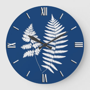 Woodland Fern Pattern, Cobalt Blue and White Large Clock
