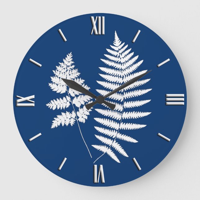 Woodland Fern Pattern, Cobalt Blue and White Large Clock (Front)