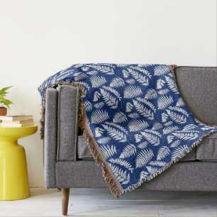 Woodland Fern Pattern, Cobalt Blue and White Throw Blanket
