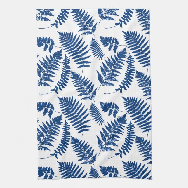 Woodland Fern Pattern, Cobalt Blue on White  Tea Towel (Vertical)